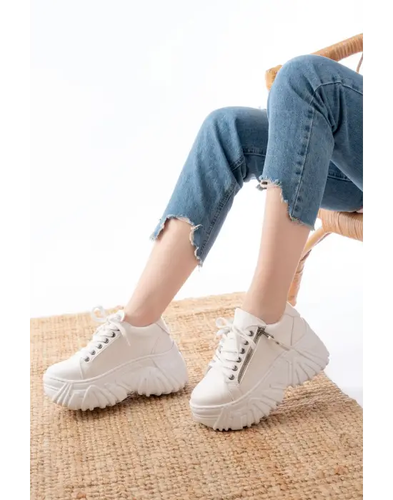 Sp-156 Beyaz Bağcıklı Fermuarlı Yüksek Taban Günlük Spor Ayakkabı