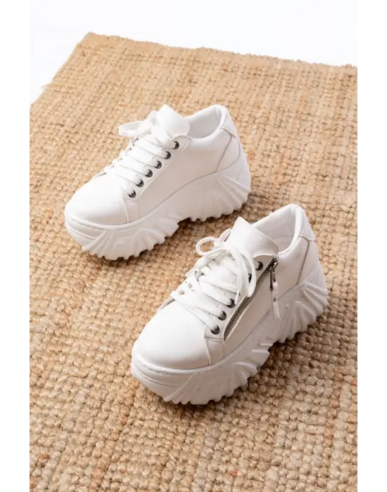 Sp-156 Beyaz Bağcıklı Fermuarlı Yüksek Taban Günlük Spor Ayakkabı