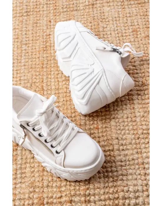 Sp-156 Beyaz Bağcıklı Fermuarlı Yüksek Taban Günlük Spor Ayakkabı