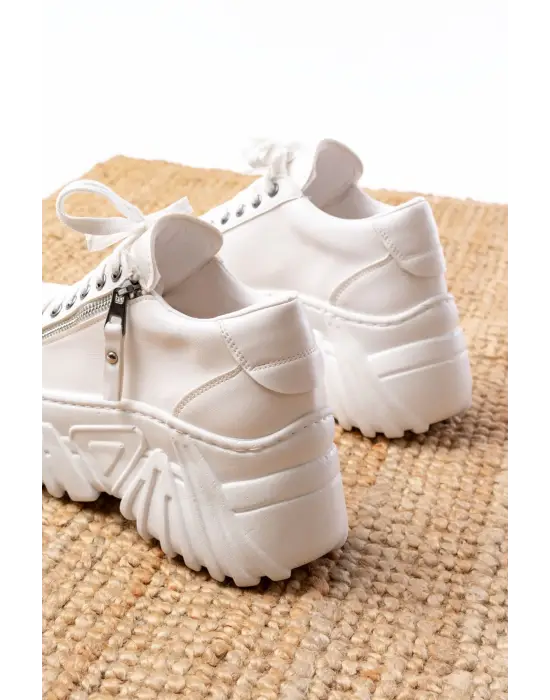 Sp-156 Beyaz Bağcıklı Fermuarlı Yüksek Taban Günlük Spor Ayakkabı