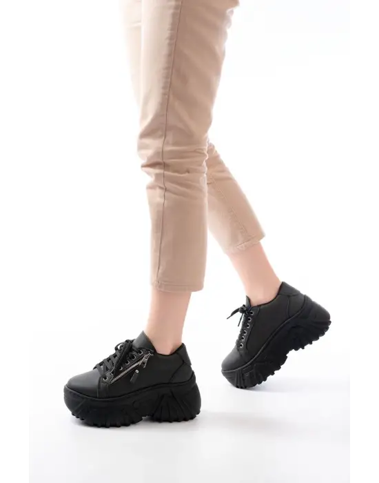 Sp-156 Siyah Bağcıklı Fermuarlı Yüksek Taban Günlük Spor Ayakkabı