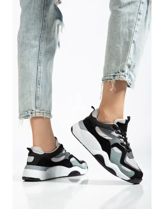 Sp-172-2 Siyah Gri Bağcıklı Kadın Spor Ayakkabı