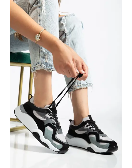 Sp-172-2 Siyah Gri Bağcıklı Kadın Spor Ayakkabı