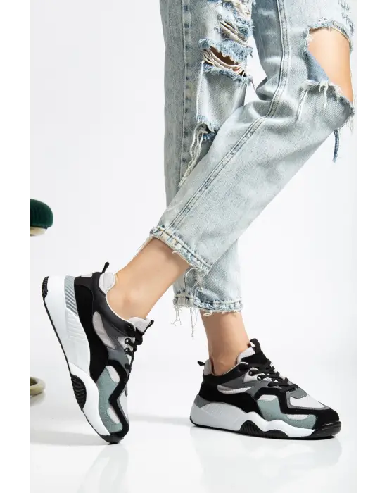 Sp-172-2 Siyah Gri Bağcıklı Kadın Spor Ayakkabı