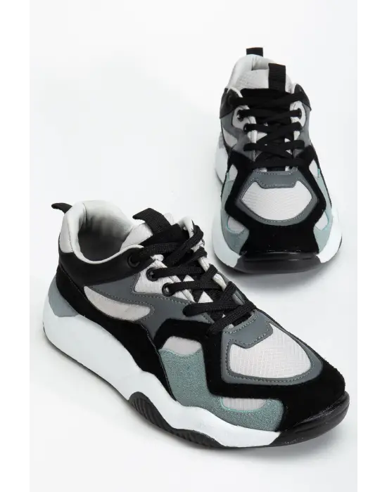 Sp-172-2 Siyah Gri Bağcıklı Kadın Spor Ayakkabı