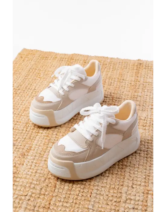 Sp-190 Bej Garni Bağcıklı Fileli Yüksek Taban Günlük Spor Ayakkabı
