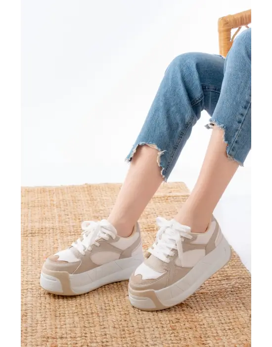 Sp-190 Bej Garni Bağcıklı Fileli Yüksek Taban Günlük Spor Ayakkabı