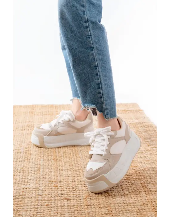 Sp-190 Bej Garni Bağcıklı Fileli Yüksek Taban Günlük Spor Ayakkabı