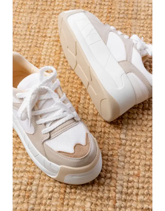 Sp-190 Bej Garni Bağcıklı Fileli Yüksek Taban Günlük Spor Ayakkabı