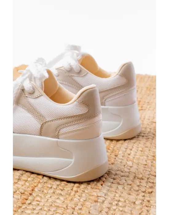 Sp-190 Bej Garni Bağcıklı Fileli Yüksek Taban Günlük Spor Ayakkabı