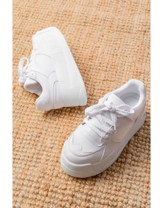 Sp-190 Beyaz Garni Bağcıklı Fileli Yüksek Taban Günlük Spor Ayakkabı