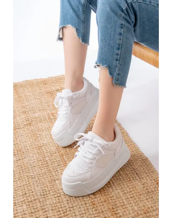 Sp-190 Beyaz Garni Bağcıklı Fileli Yüksek Taban Günlük Spor Ayakkabı