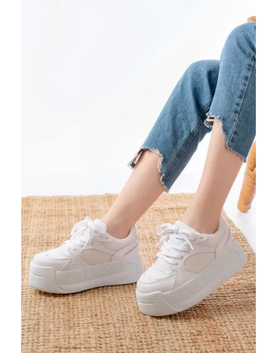Sp-190 Beyaz Garni Bağcıklı Fileli Yüksek Taban Günlük Spor Ayakkabı