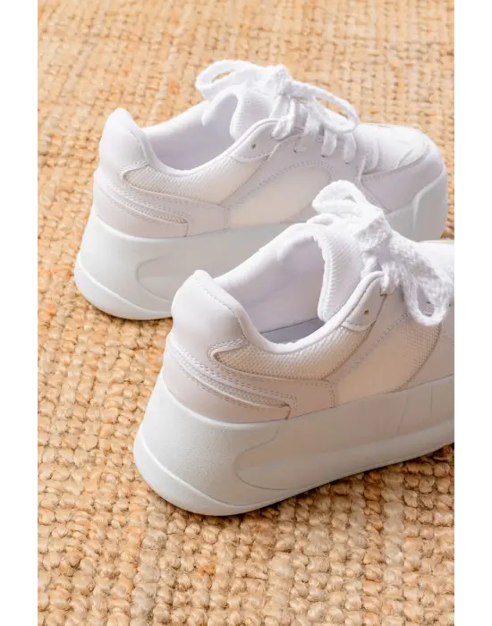 Sp-190 Beyaz Garni Bağcıklı Fileli Yüksek Taban Günlük Spor Ayakkabı