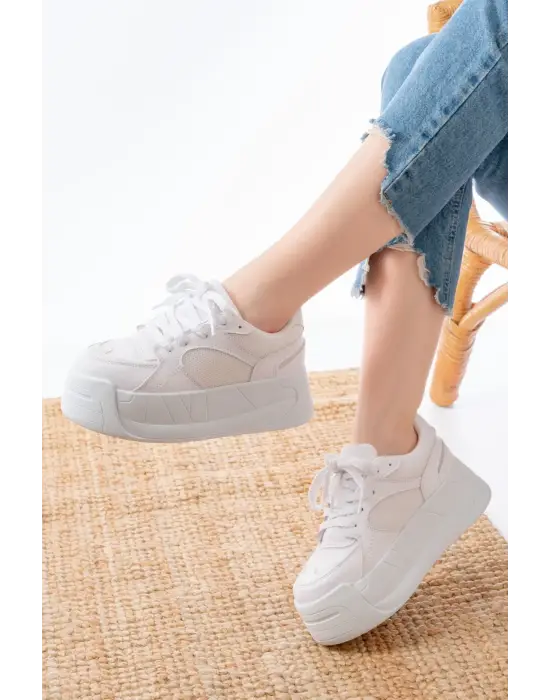 Sp-190 Beyaz Garni Bağcıklı Fileli Yüksek Taban Günlük Spor Ayakkabı
