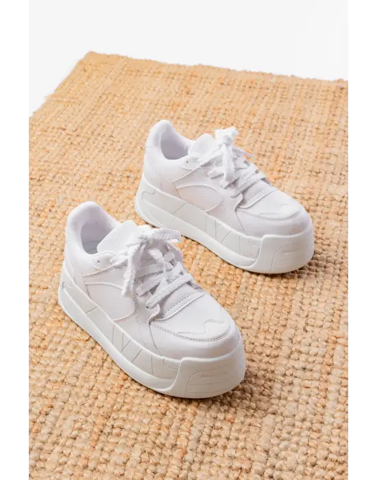 Sp-190 Beyaz Garni Bağcıklı Fileli Yüksek Taban Günlük Spor Ayakkabı