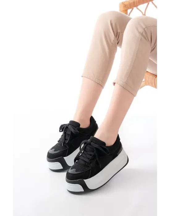 Sp-190 Siyah Garni Bağcıklı Fileli Yüksek Taban Günlük Spor Ayakkabı