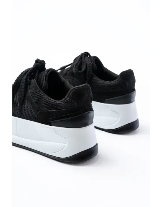 Sp-190 Siyah Garni Bağcıklı Fileli Yüksek Taban Günlük Spor Ayakkabı