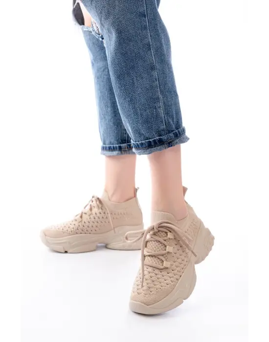Sp-2024 Bej Günlük Bağcıklı Fileli Taş Aksesuarlı Kadın Spor Ayakkabı