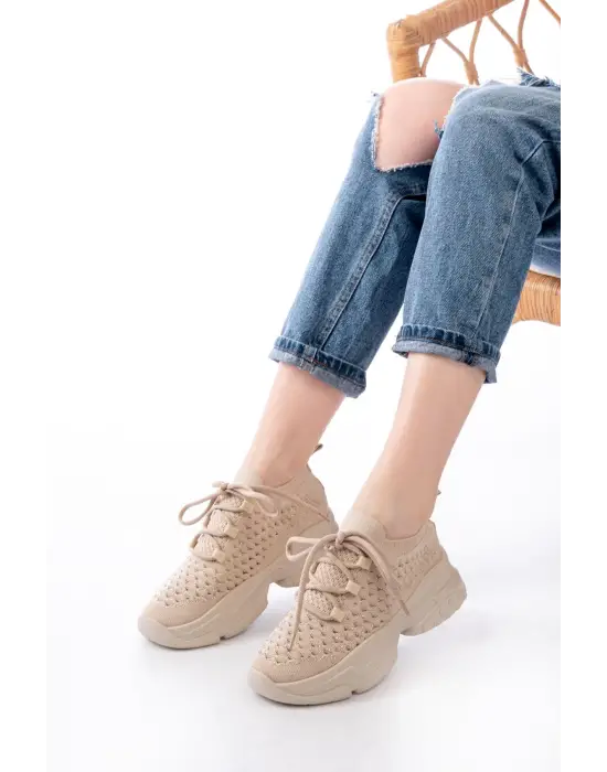 Sp-2024 Bej Günlük Bağcıklı Fileli Taş Aksesuarlı Kadın Spor Ayakkabı