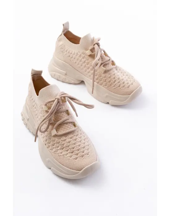 Sp-2024 Bej Günlük Bağcıklı Fileli Taş Aksesuarlı Kadın Spor Ayakkabı