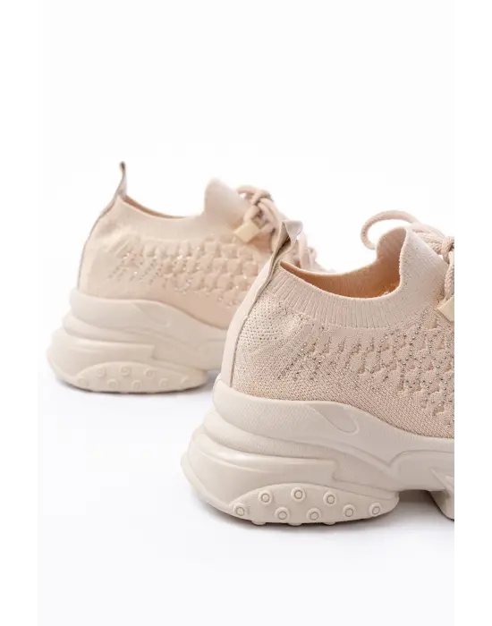 Sp-2024 Bej Günlük Bağcıklı Fileli Taş Aksesuarlı Kadın Spor Ayakkabı