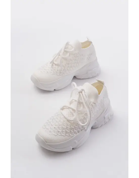 Sp-2024 Beyaz Günlük Bağcıklı Fileli Taş Aksesuarlı Kadın Spor Ayakkabı