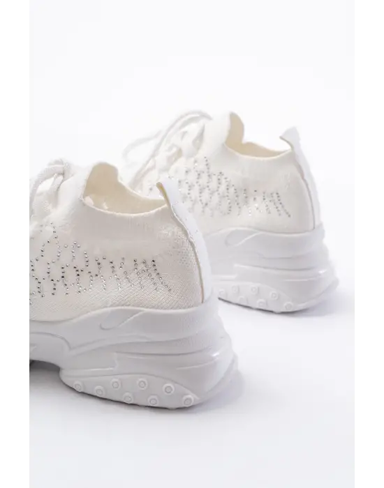 Sp-2024 Beyaz Günlük Bağcıklı Fileli Taş Aksesuarlı Kadın Spor Ayakkabı