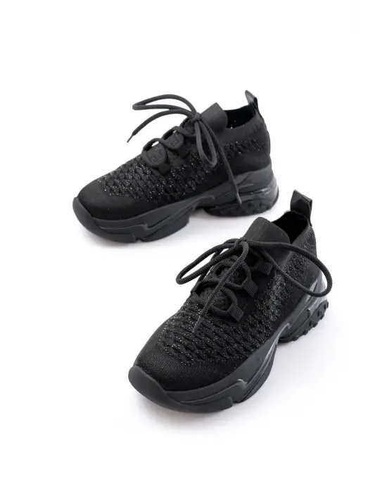 Sp-2024 Siyah Günlük Bağcıklı Fileli Taş Aksesuarlı Kadın Spor Ayakkabı