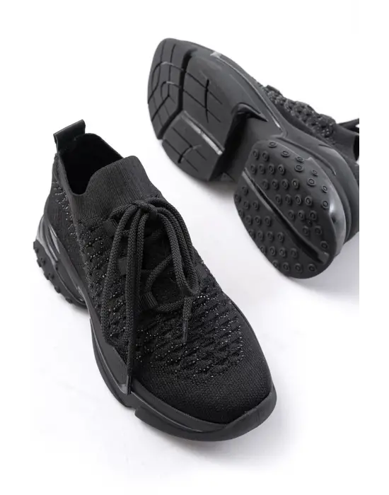 Sp-2024 Siyah Günlük Bağcıklı Fileli Taş Aksesuarlı Kadın Spor Ayakkabı