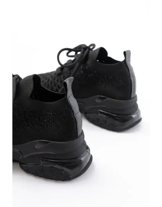 Sp-2024 Siyah Günlük Bağcıklı Fileli Taş Aksesuarlı Kadın Spor Ayakkabı
