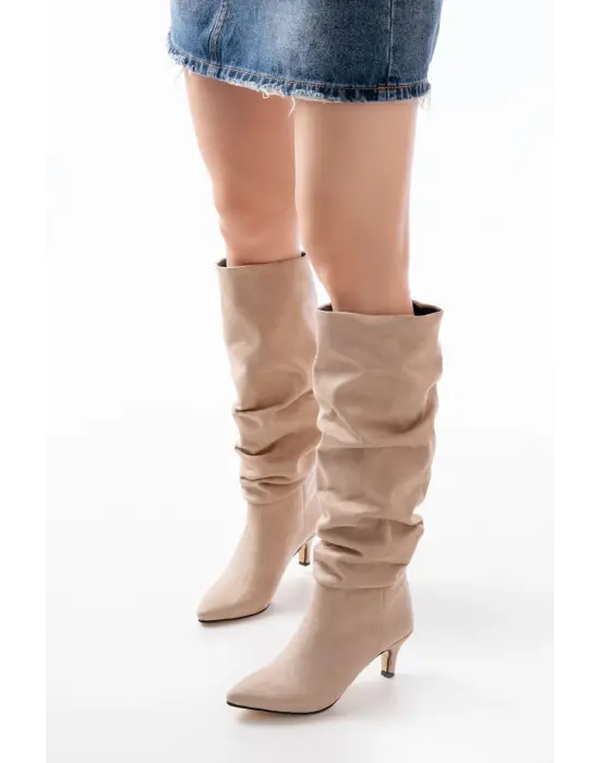 Bej Süet İnce Topuklu Günlük Bayan Çizme