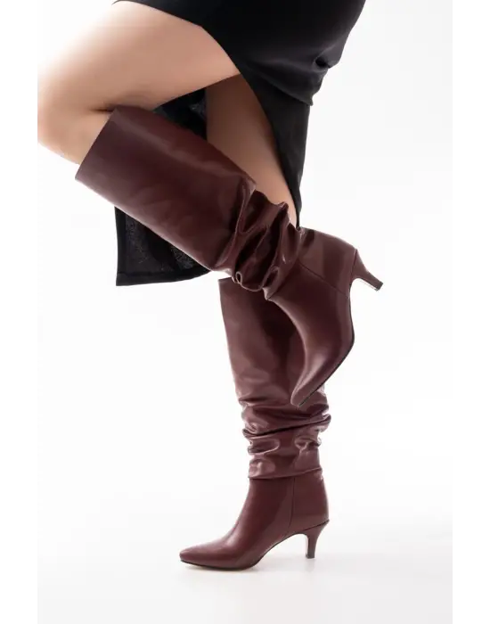 Sr-2001 Bordo İnce Topuklu Günlük Bayan Çizme