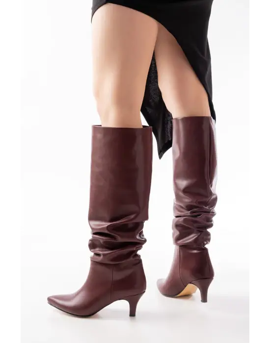 Sr-2001 Bordo İnce Topuklu Günlük Bayan Çizme