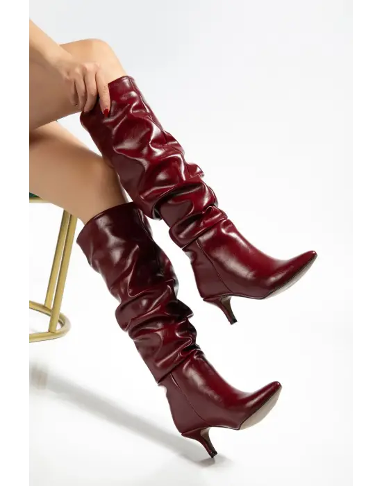 Sr-2001 Bordo Kırışık İnce Topuklu Günlük Bayan Çizme
