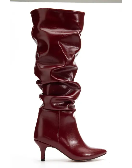 Sr-2001 Bordo Kırışık İnce Topuklu Günlük Bayan Çizme