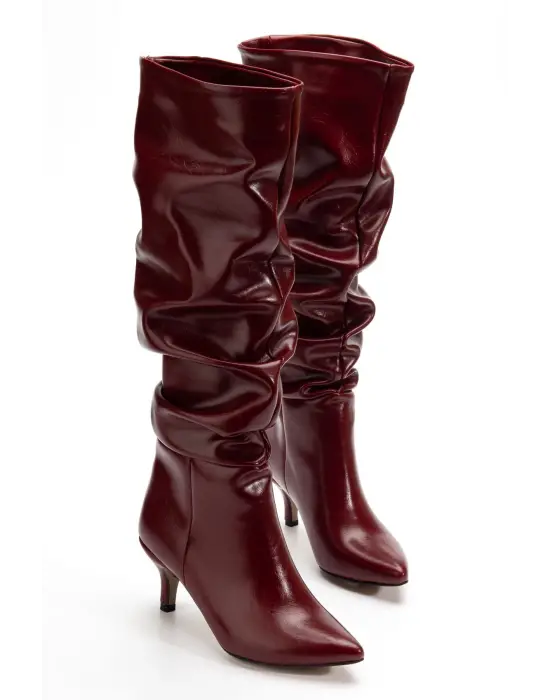 Sr-2001 Bordo Kırışık İnce Topuklu Günlük Bayan Çizme