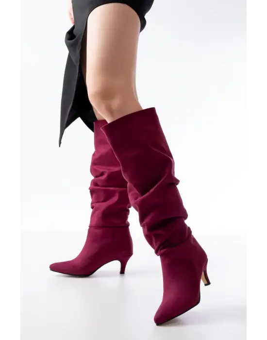 Sr-2001 Bordo Süet İnce Topuklu Günlük Bayan Çizme