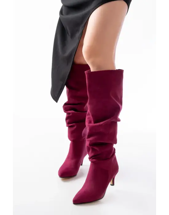 Bordo Süet İnce Topuklu Günlük Bayan Çizme