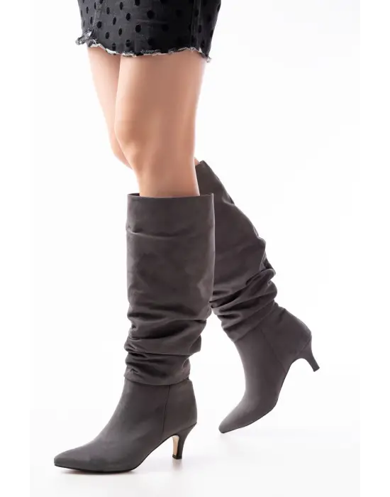 Gri Süet İnce Topuklu Günlük Kadın Çizme