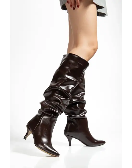 Sr-2001 Kahverengi Kırışık Rugan İnce Topuklu Günlük Bayan Çizme