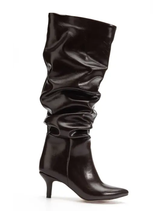 Sr-2001 Kahverengi Kırışık Rugan İnce Topuklu Günlük Bayan Çizme