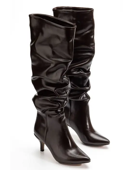 Sr-2001 Kahverengi Kırışık Rugan İnce Topuklu Günlük Bayan Çizme