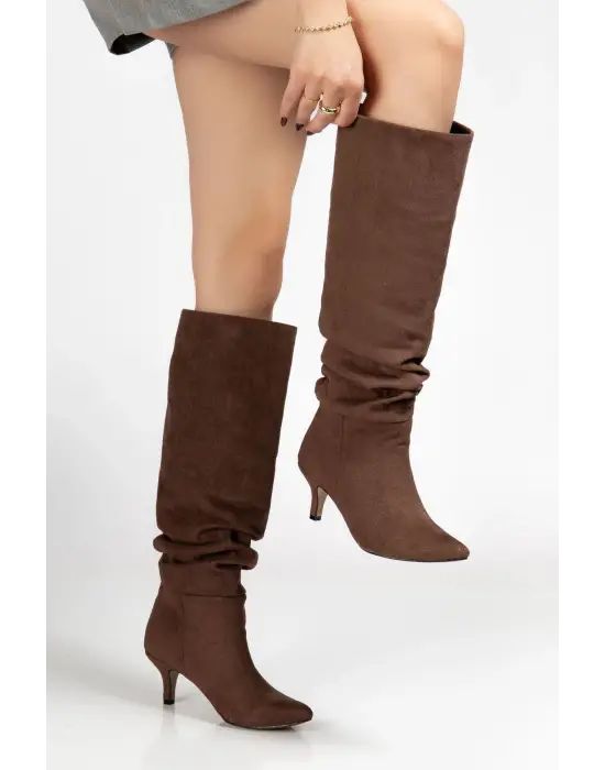 Sr-2001 Kahverengi Süet Topuklu Günlük Bayan Çizme