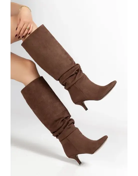 Sr-2001 Kahverengi Süet Topuklu Günlük Bayan Çizme