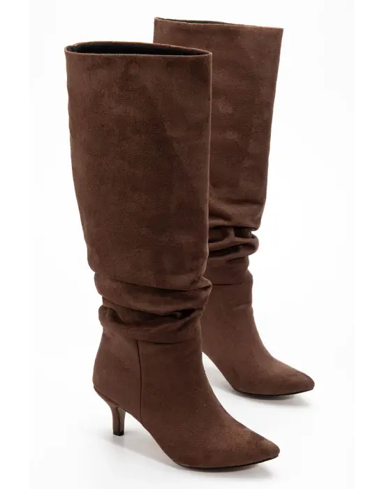Sr-2001 Kahverengi Süet Topuklu Günlük Bayan Çizme