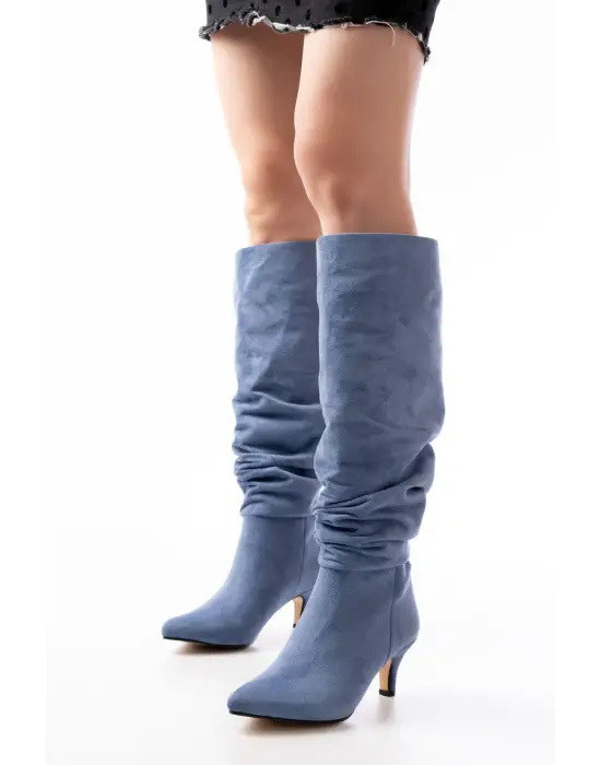 Kot Mavi Süet İnce Topuklu Günlük Kadın Çizme