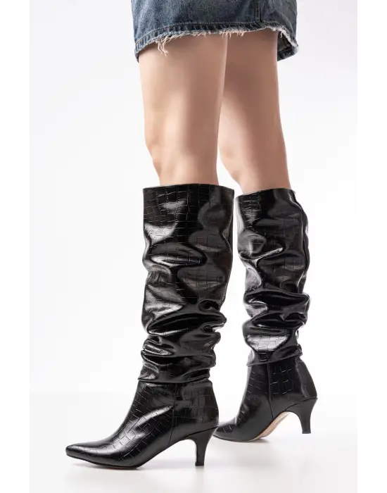 Sr-2001 Siyah Kroko İnce Topuklu Günlük Bayan Çizme