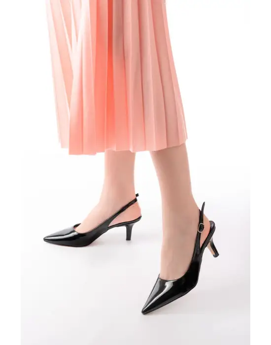 ST-1152 Siyah Rugan Günlük 7 cm Topuklu Kadın Ayakkabı