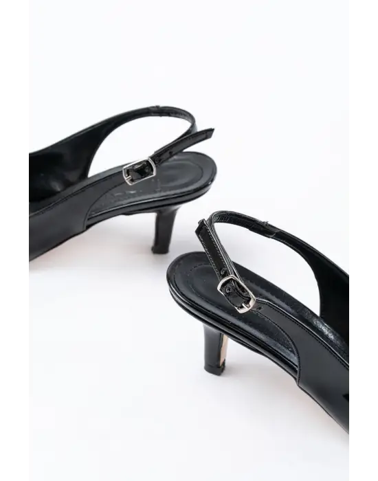 ST-1152 Siyah Rugan Günlük 7 cm Topuklu Kadın Ayakkabı